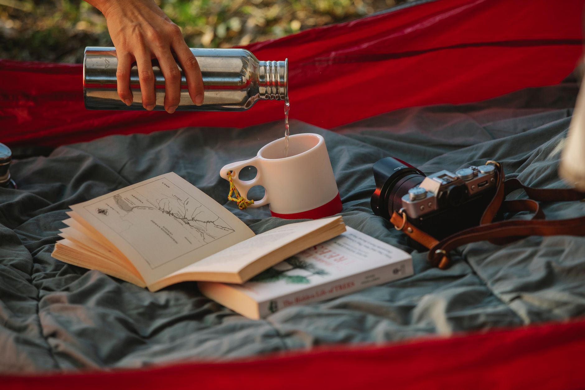 A high-quality insulated thermos travel mug on a table